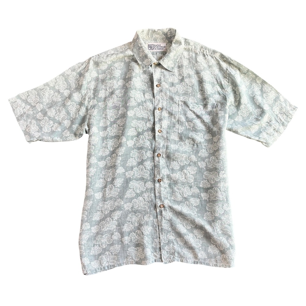 New York Sportswear Mens Large 100%‎ Silk Floral Hawaiian Shirt Sage Green